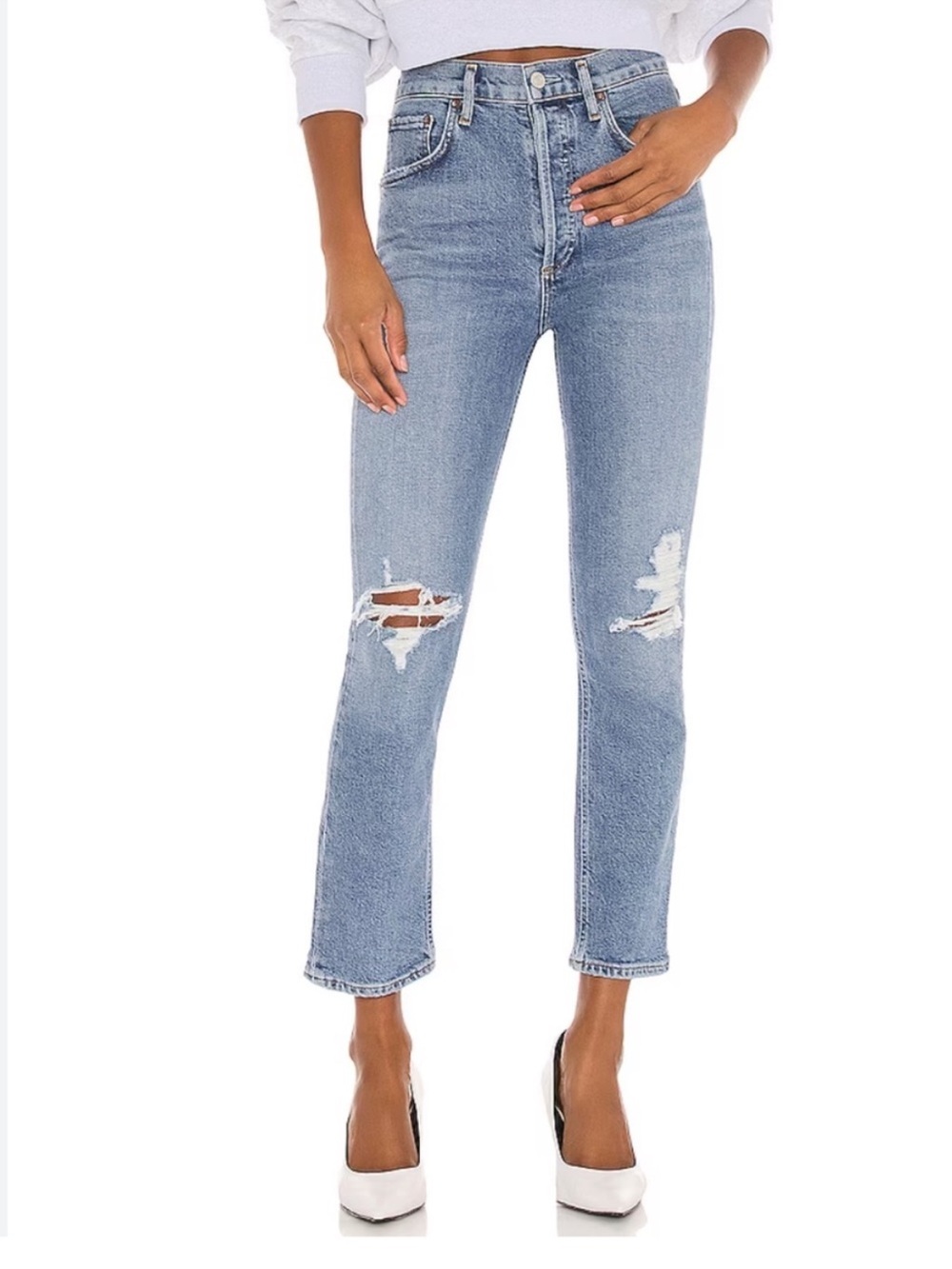AGOLDE Riley High Rise Straight Crop Jeans 25 Distressed Light Wash Denim - Picture 1 of 7
